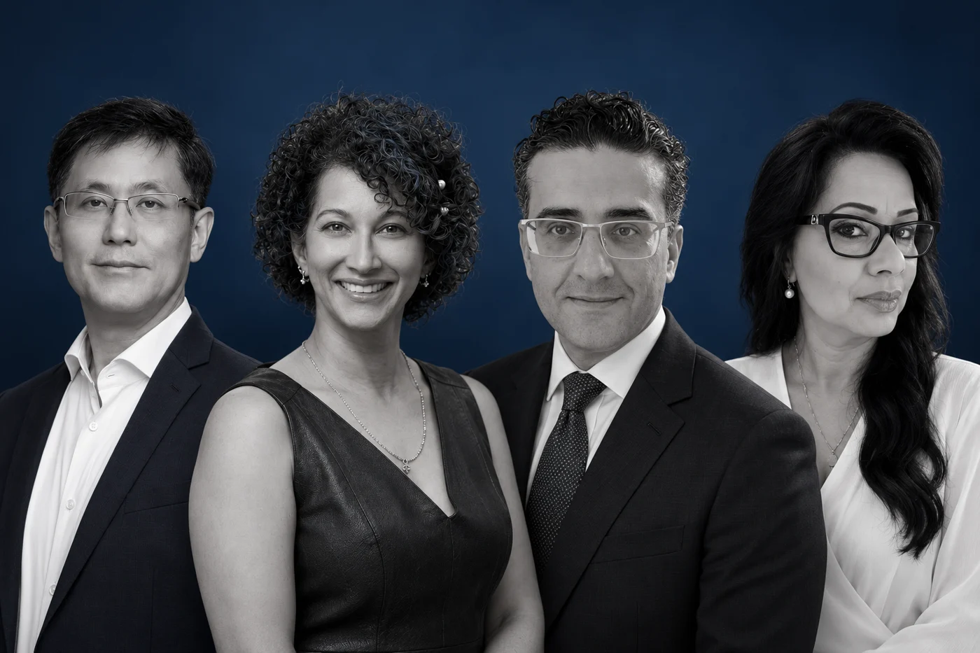 Portrait composite of Dr. Jimmy Kwok, Dr. Natasha Iyer, Joe Qureshi and Maneesha Fraser
