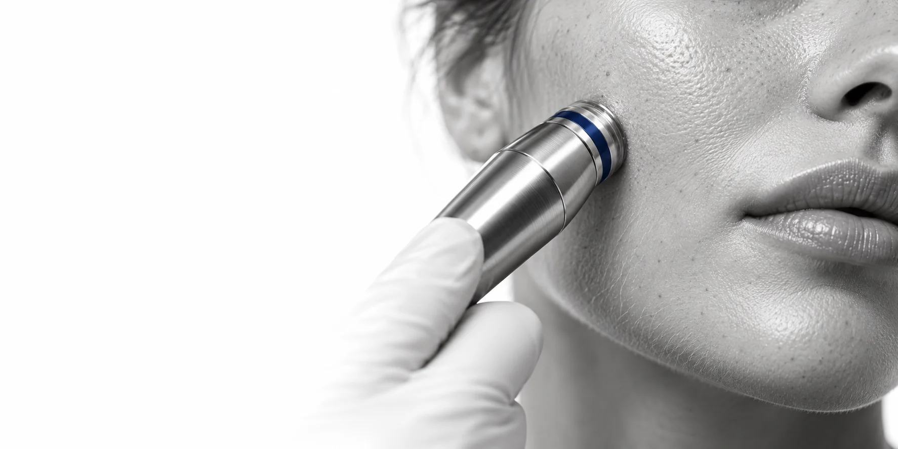Editorial illustration of facial treatment with visible natural skin texture
